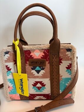 9x10.5 Wrangler Faux-Suede Tote Handbag Purse W Turquoise & Maroon Aztec Accents